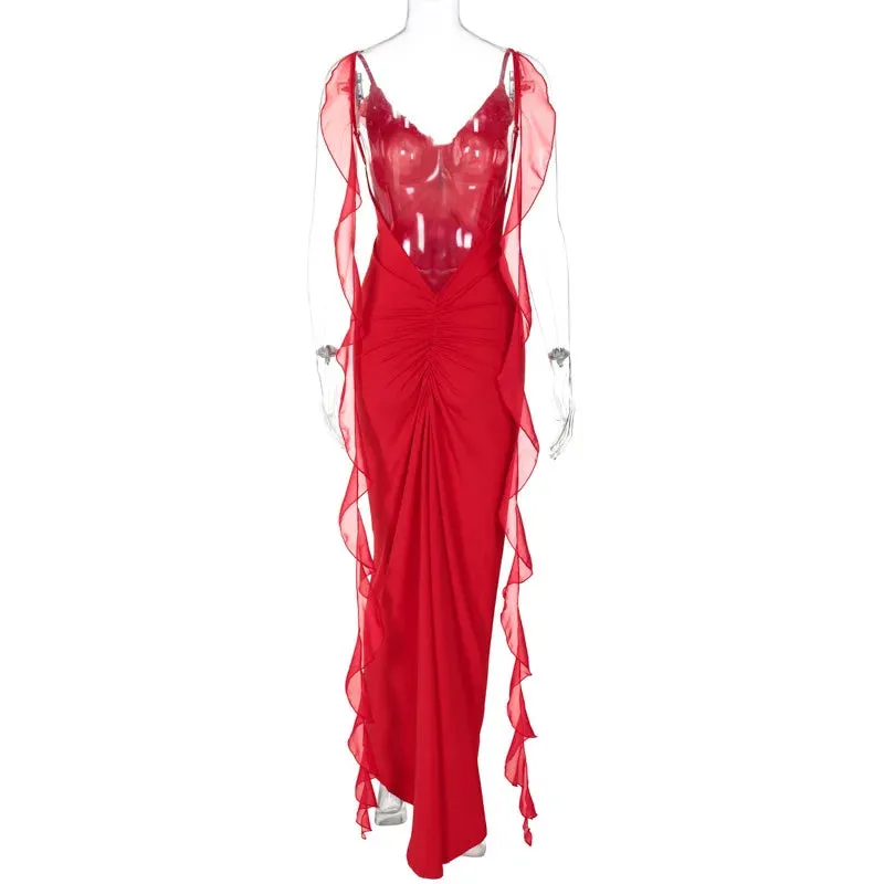 Peach Backless Mermaid Dress Adorned with Flower Details