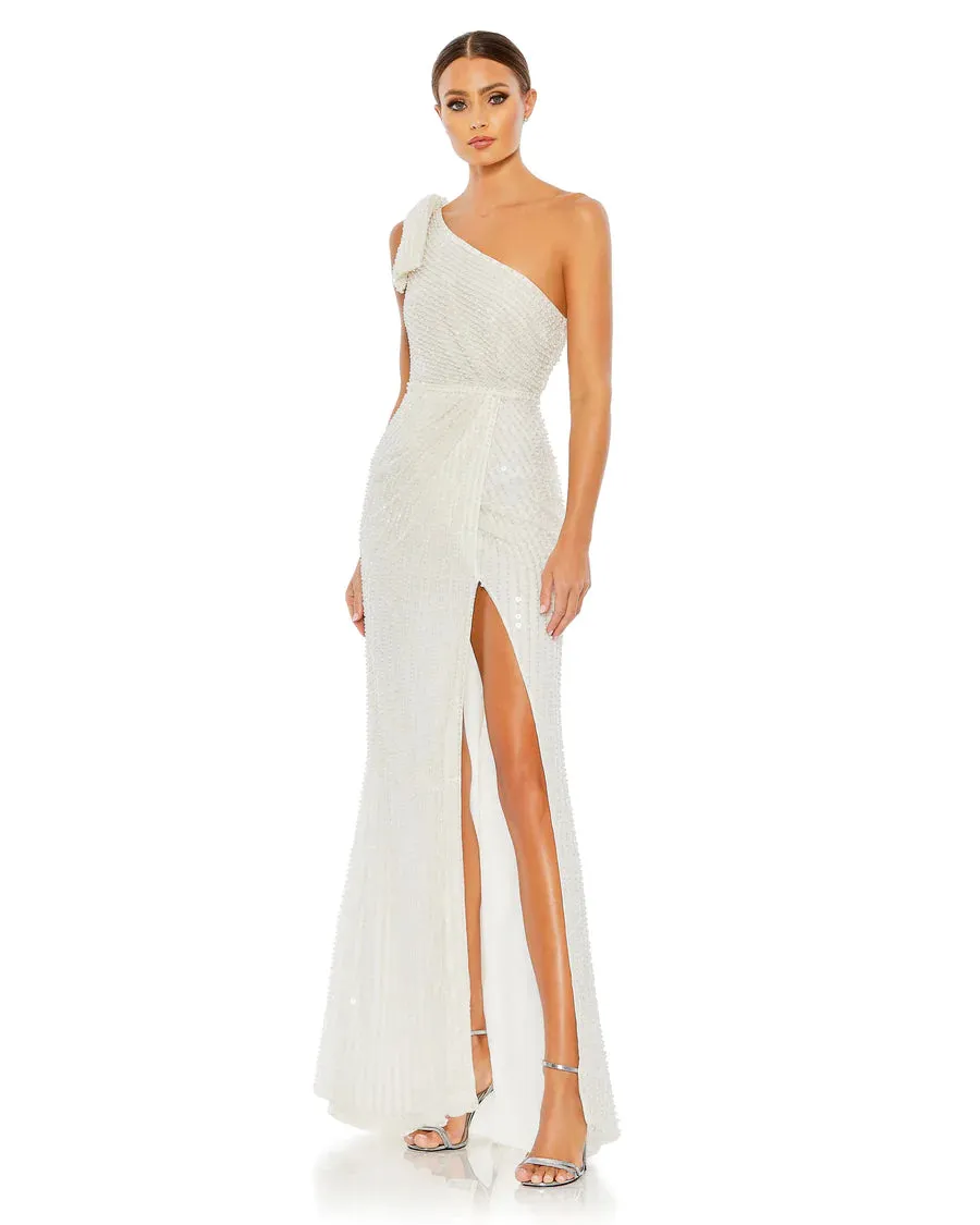 Pearl embellished soft tie one shoulder gown - White