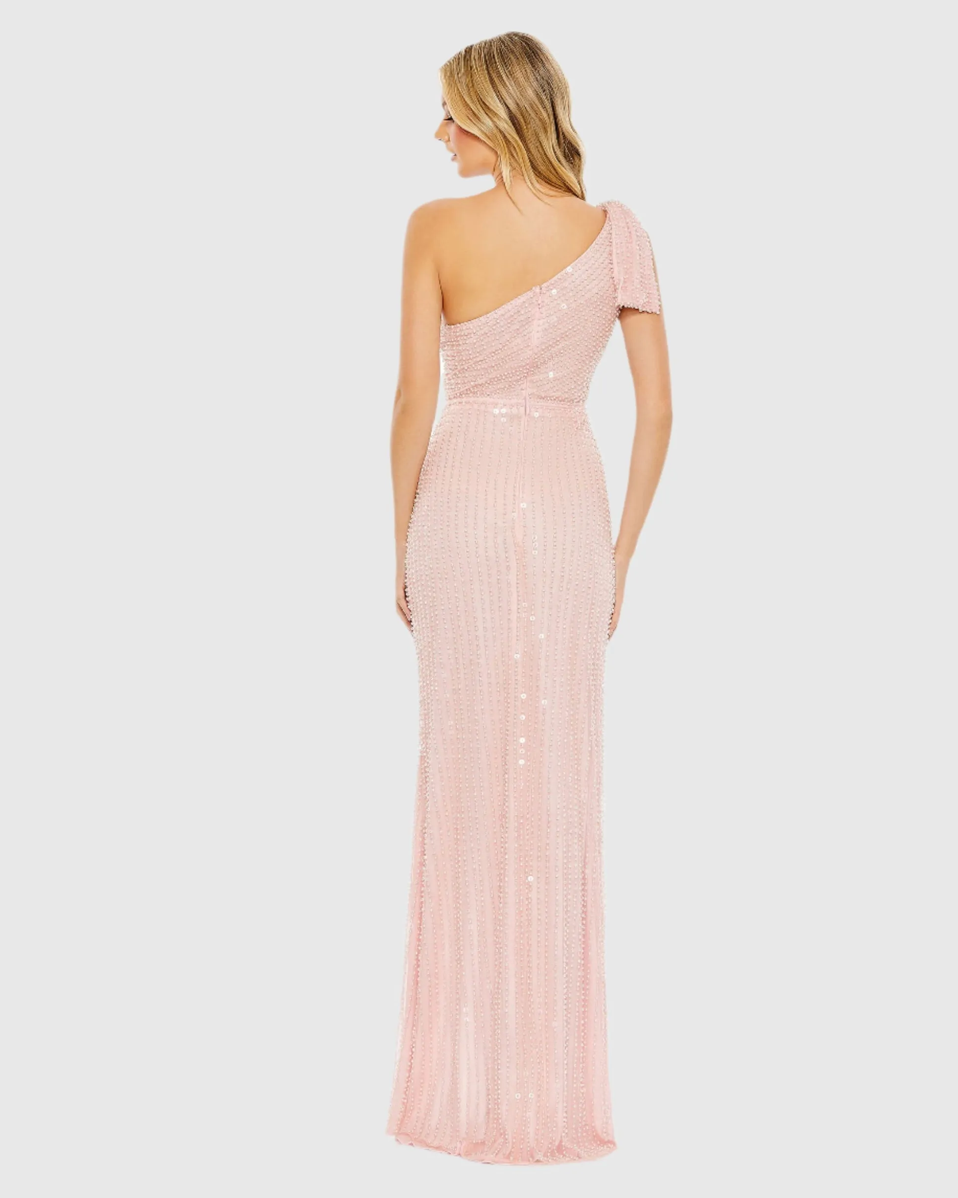 Pearl embellished soft tie one shoulder gown - White