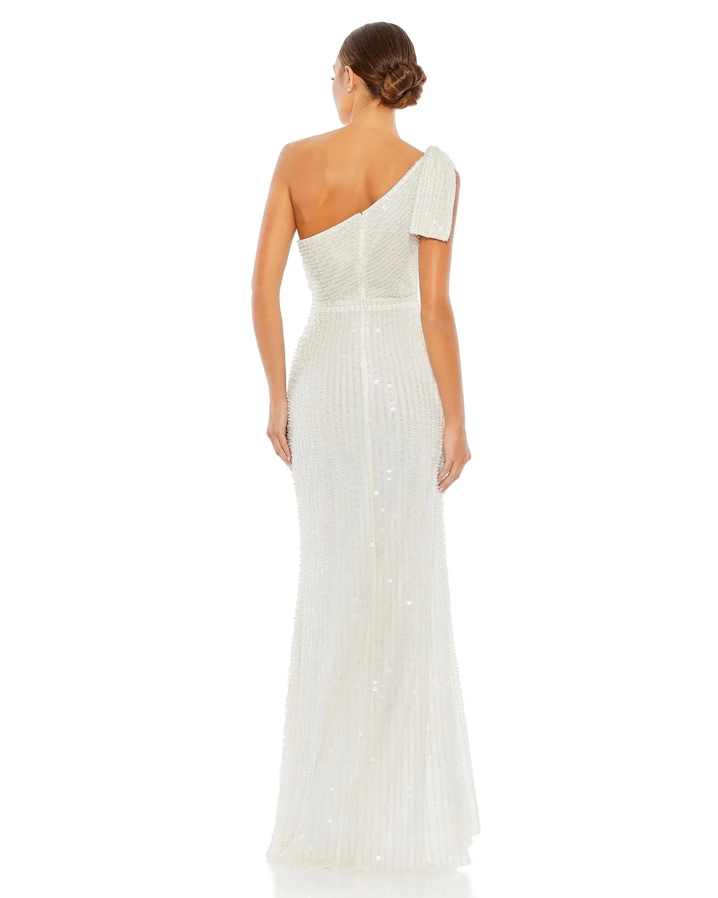 Pearl embellished soft tie one shoulder gown - White