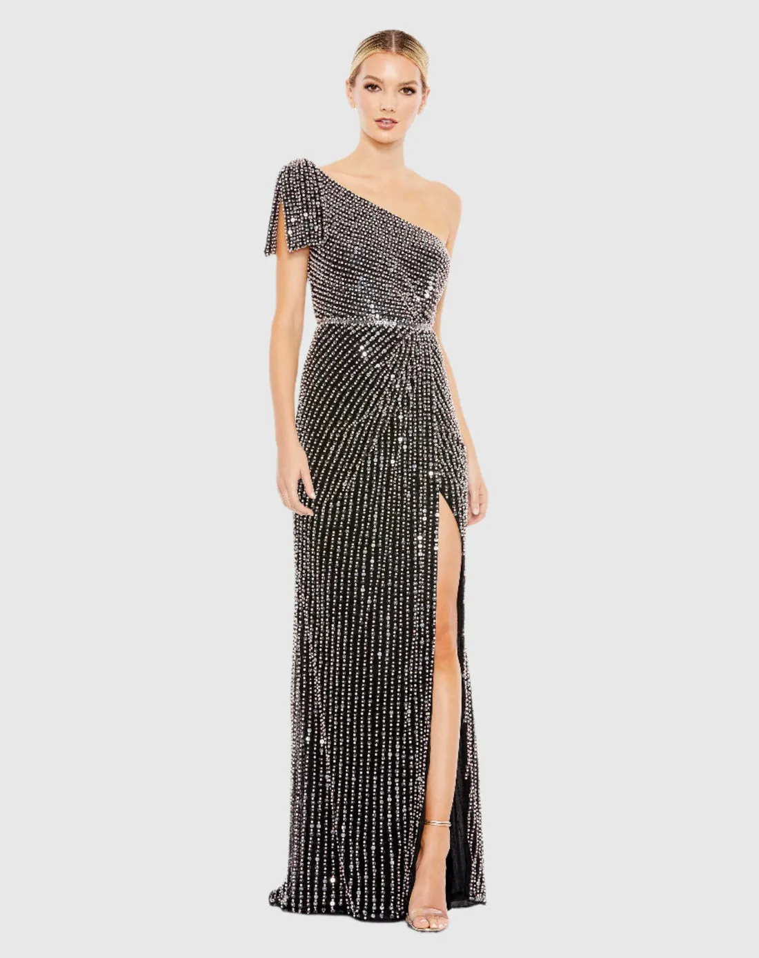 Pearl embellished soft tie one shoulder gown - White