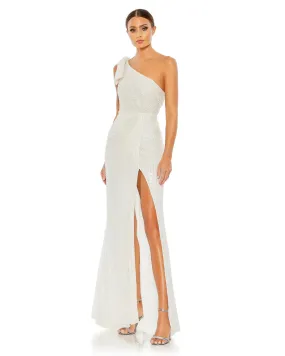 Pearl embellished soft tie one shoulder gown - White
