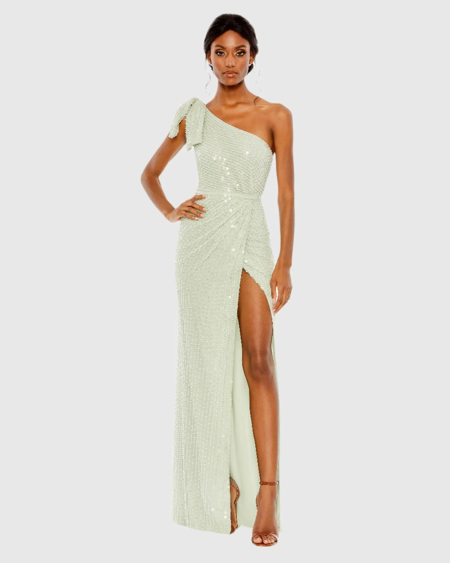 Pearl embellished soft tie one shoulder gown - White