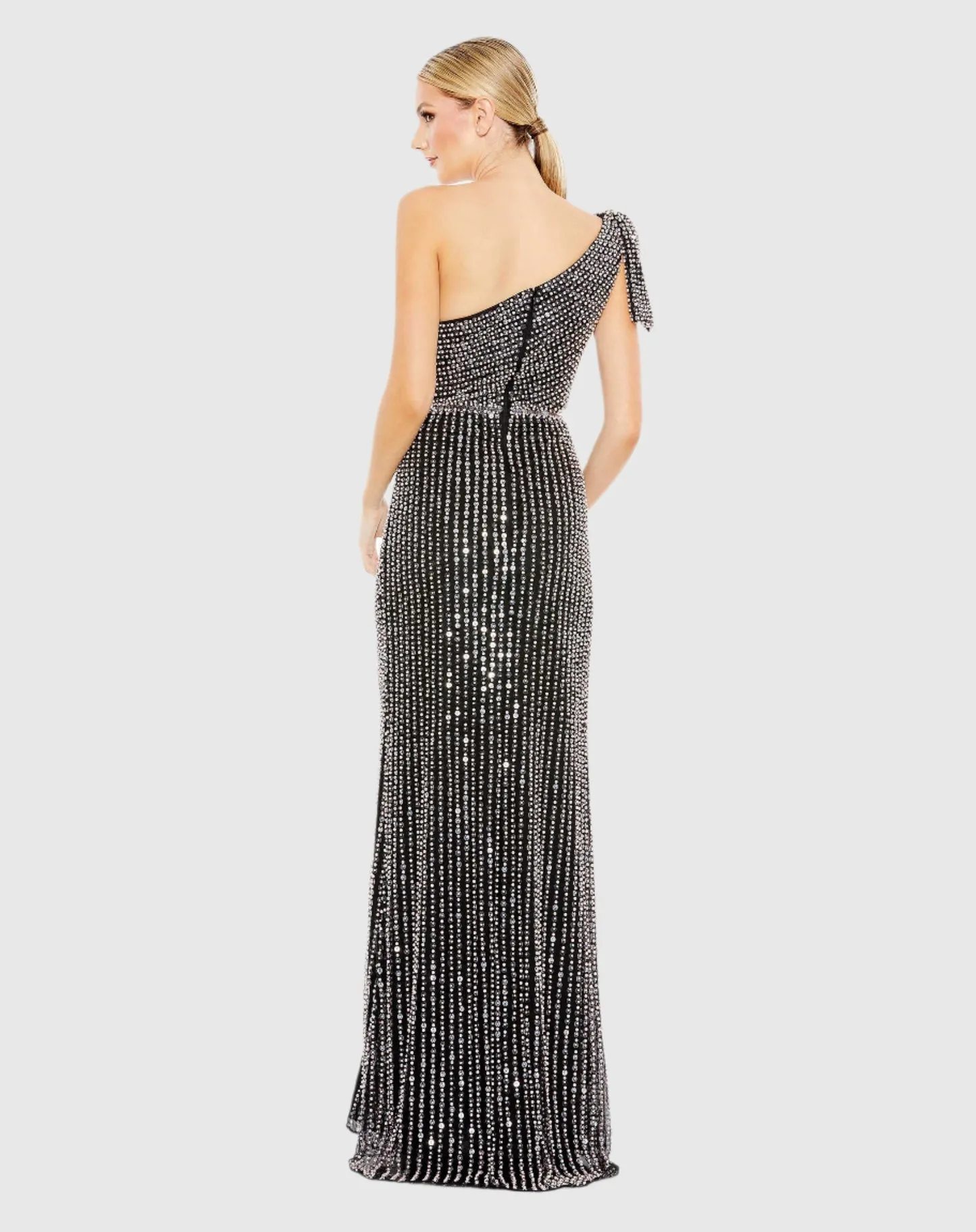 Pearl embellished soft tie one shoulder gown - White