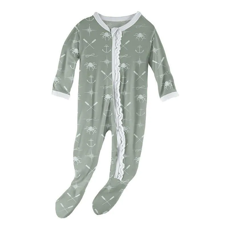 Print Bamboo Muffin Ruffle Footie with Zipper - Lily Pad Captain and Crew