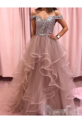 Rhinestones Bodice Multi Layered Bottom Classic Prom Dresses Tulle Party Dresses