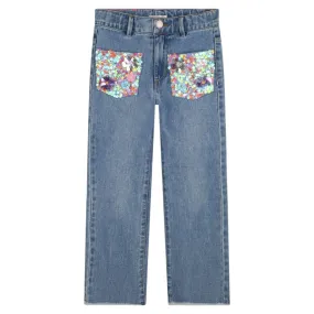 SEQUIN FLOWER POCKET DENIM PANTS (PREORDER)