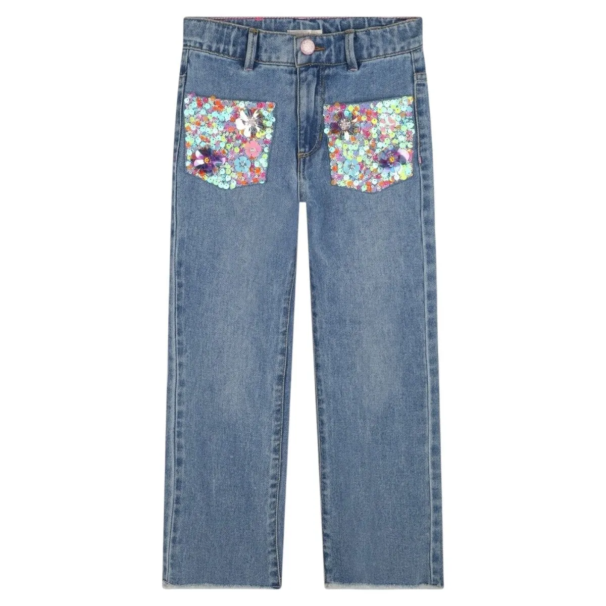 SEQUIN FLOWER POCKET DENIM PANTS (PREORDER)