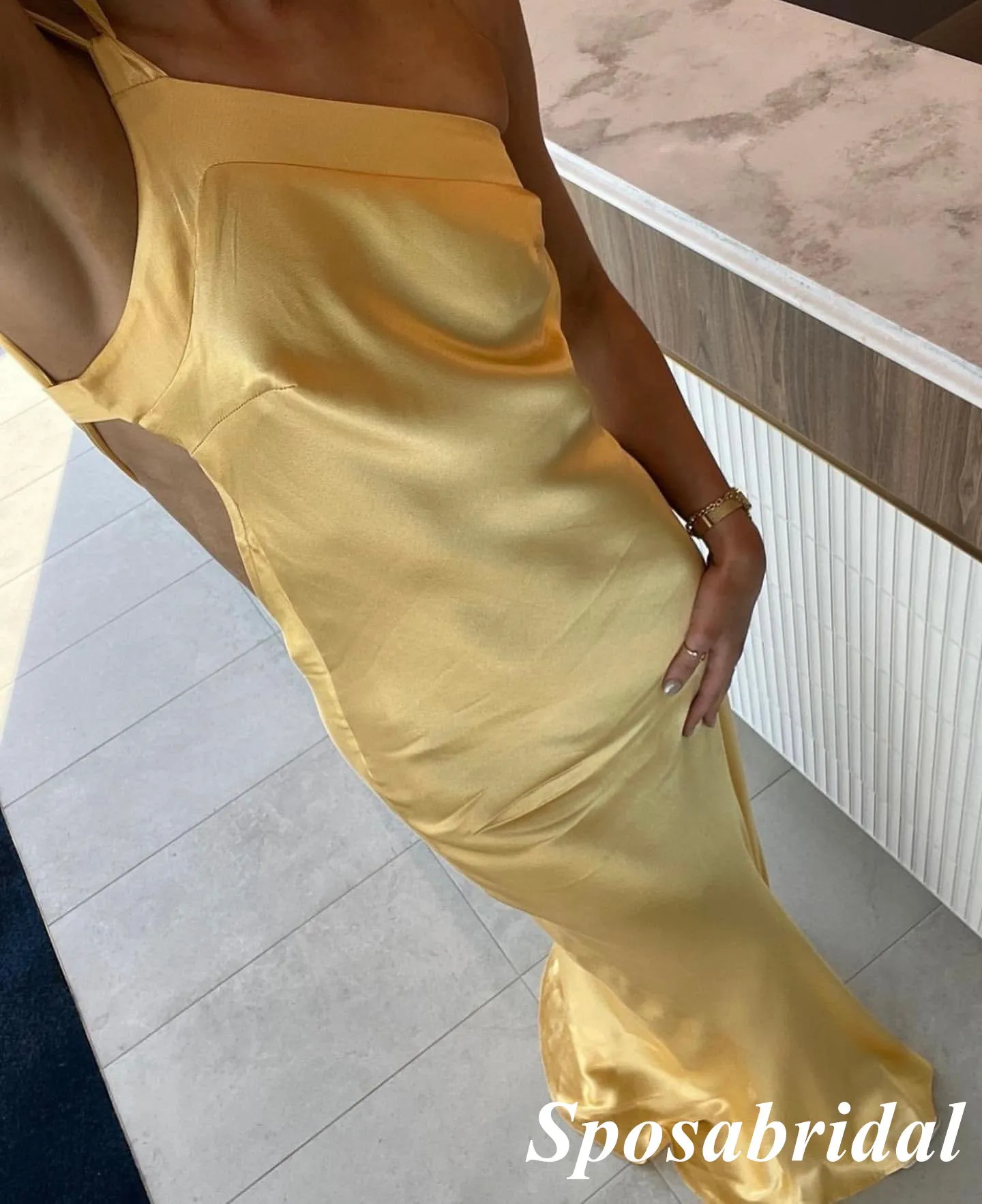 Sexy Gold Soft Satin One Shoulder Sleeveless Open Back Mermaid Long Prom Dresses, PD3855