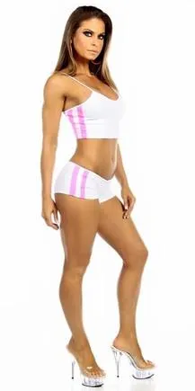 Sexy Neon Trim Balance Work Out Triple Stripe Fitness Full Coverage Shorts - White/Hot Pink