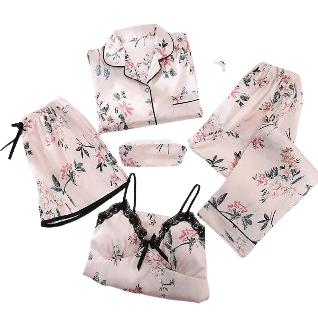 Sexy Pink Striped 5 Pieces Women Pajamas Set Faux Silk  Sleepwear Casual  Nightwear Female Pajamas