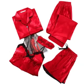 Sexy Pink Striped 5 Pieces Women Pajamas Set Faux Silk  Sleepwear Casual  Nightwear Female Pajamas
