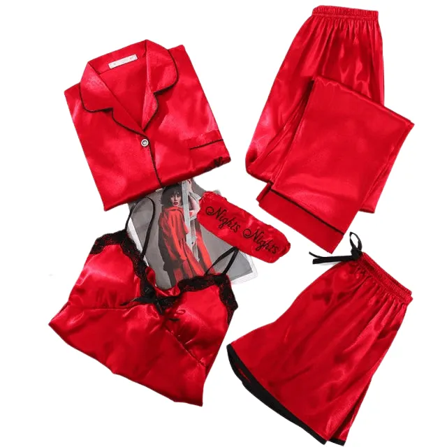 Sexy Pink Striped 5 Pieces Women Pajamas Set Faux Silk  Sleepwear Casual  Nightwear Female Pajamas