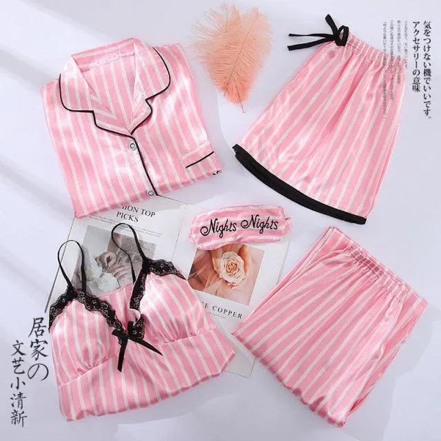 Sexy Pink Striped 5 Pieces Women Pajamas Set Faux Silk  Sleepwear Casual  Nightwear Female Pajamas