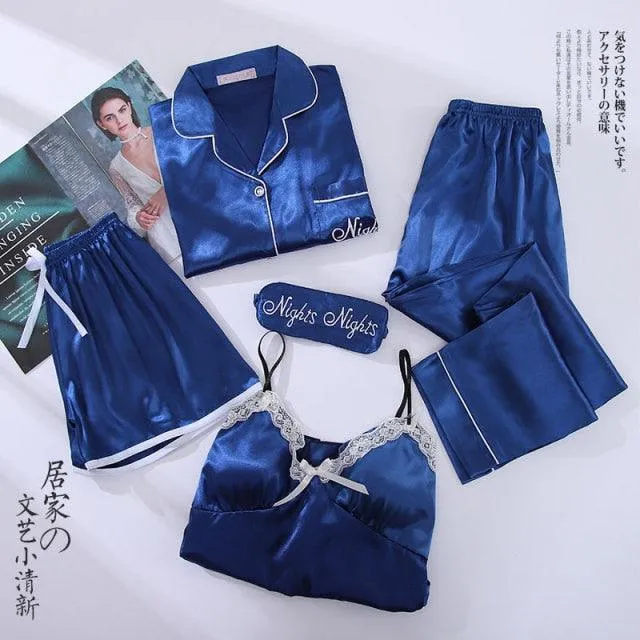 Sexy Pink Striped 5 Pieces Women Pajamas Set Faux Silk  Sleepwear Casual  Nightwear Female Pajamas