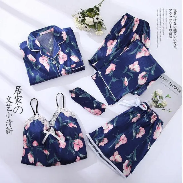Sexy Pink Striped 5 Pieces Women Pajamas Set Faux Silk  Sleepwear Casual  Nightwear Female Pajamas