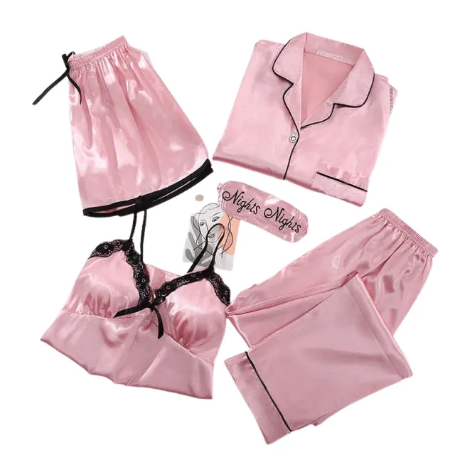 Sexy Pink Striped 5 Pieces Women Pajamas Set Faux Silk  Sleepwear Casual  Nightwear Female Pajamas