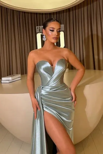 Strapless Soft Satin High Slit Prom Dresses, Long Prom Dresses, Evening Dresses, Party Dresses