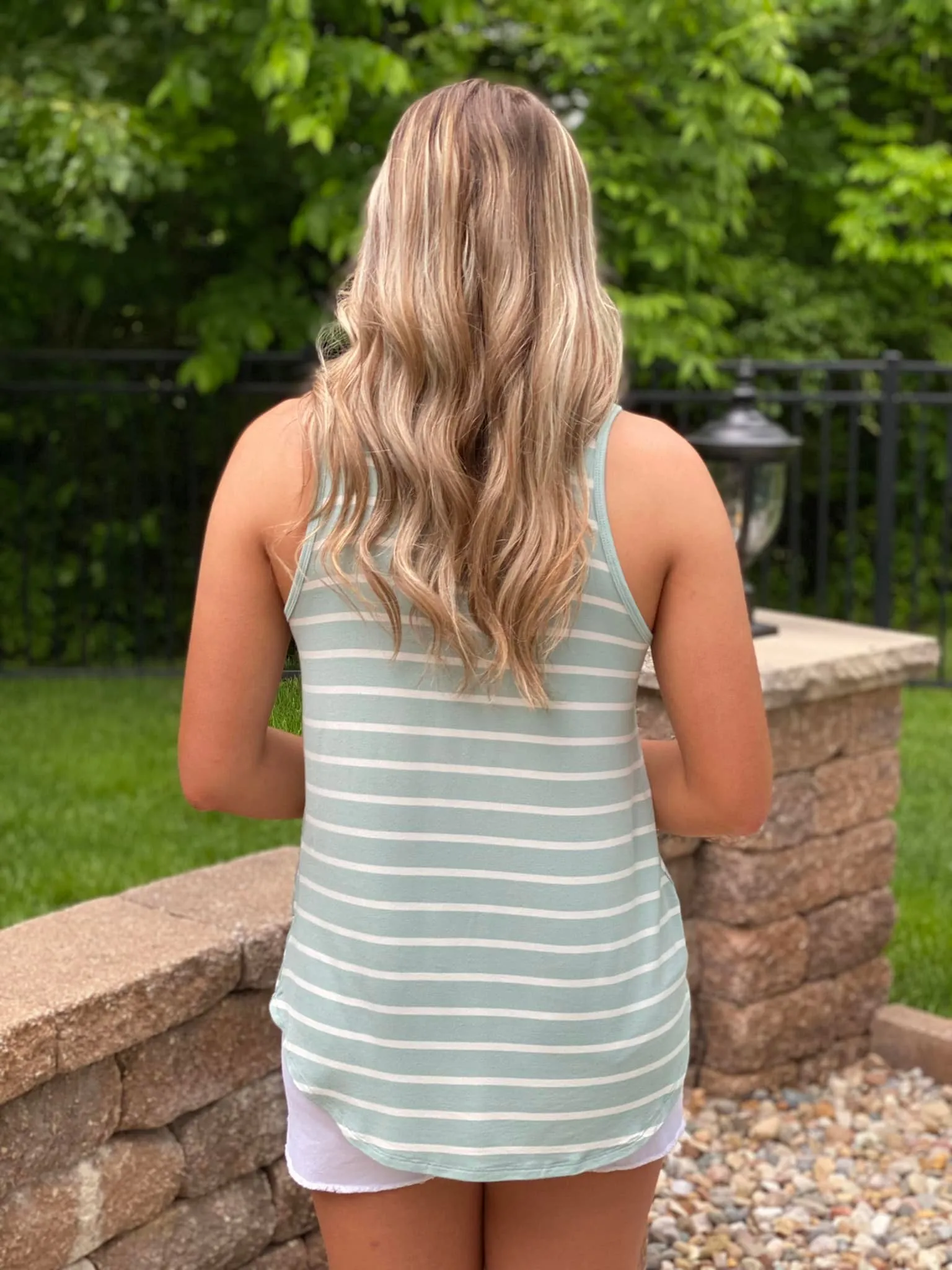 Striped Scoop Neck Tank Top - Light Sage
