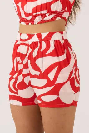 Sustainable Viscose Pull On Short - Red Geo Waves