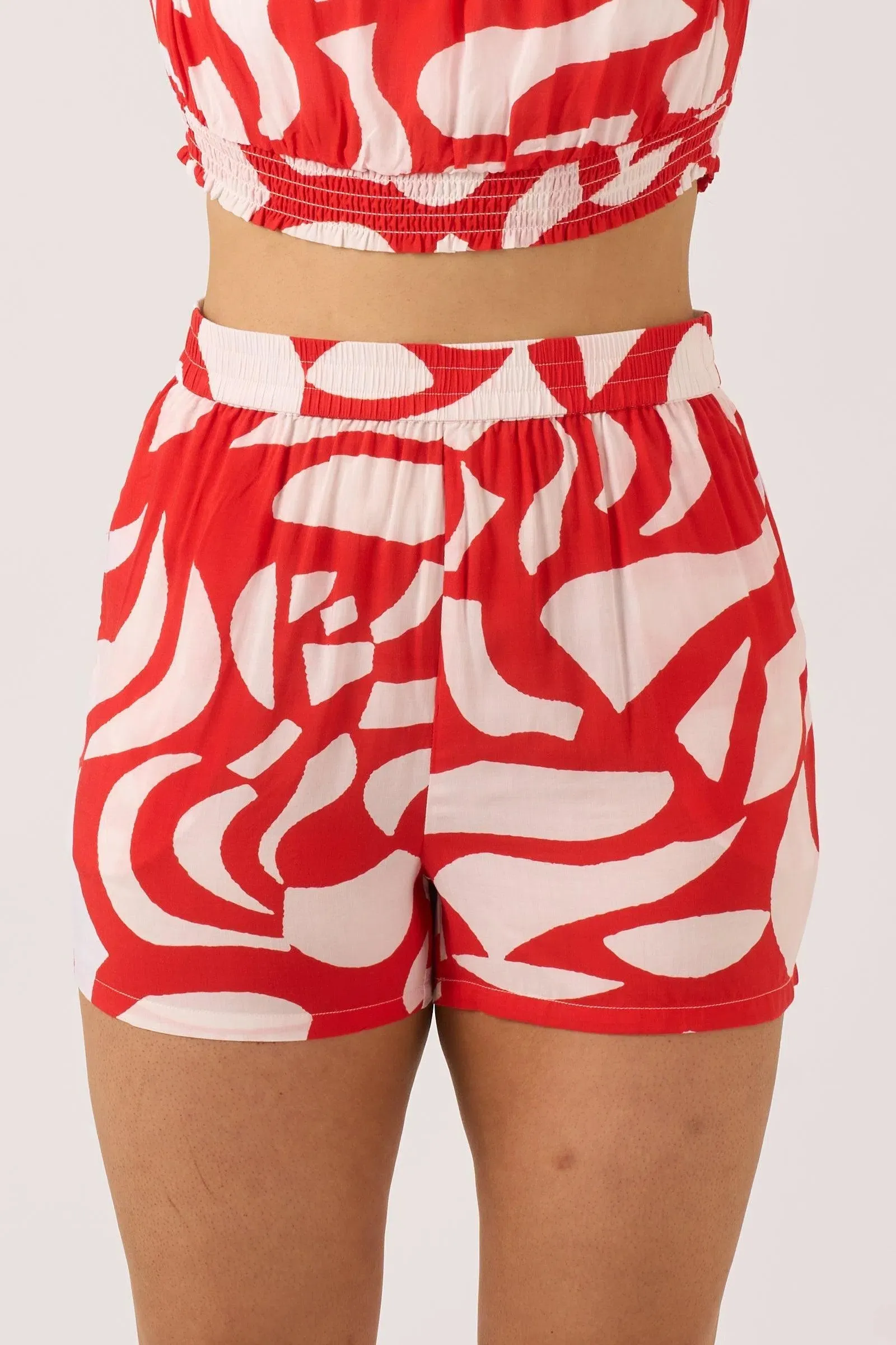 Sustainable Viscose Pull On Short - Red Geo Waves