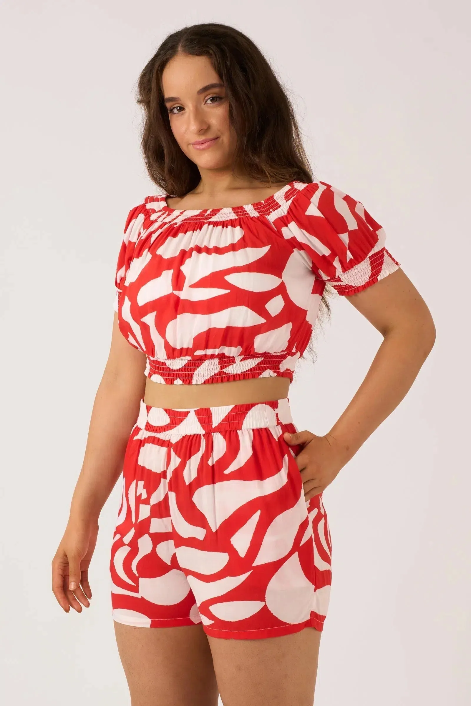 Sustainable Viscose Pull On Short - Red Geo Waves