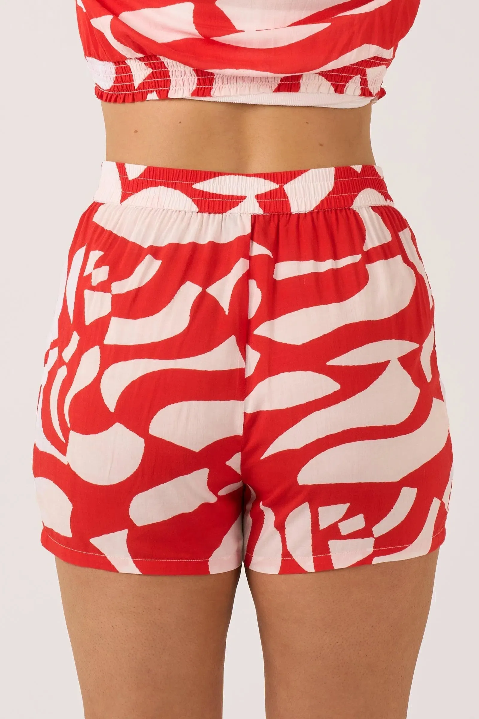 Sustainable Viscose Pull On Short - Red Geo Waves