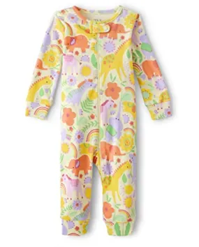 The Children's Place Baby Girls' and Toddler Long Sleeve Zip-Front One Piece Footed Pajama Snug Fit 100% Cotton, Yellow Jungle, 12-18 Months