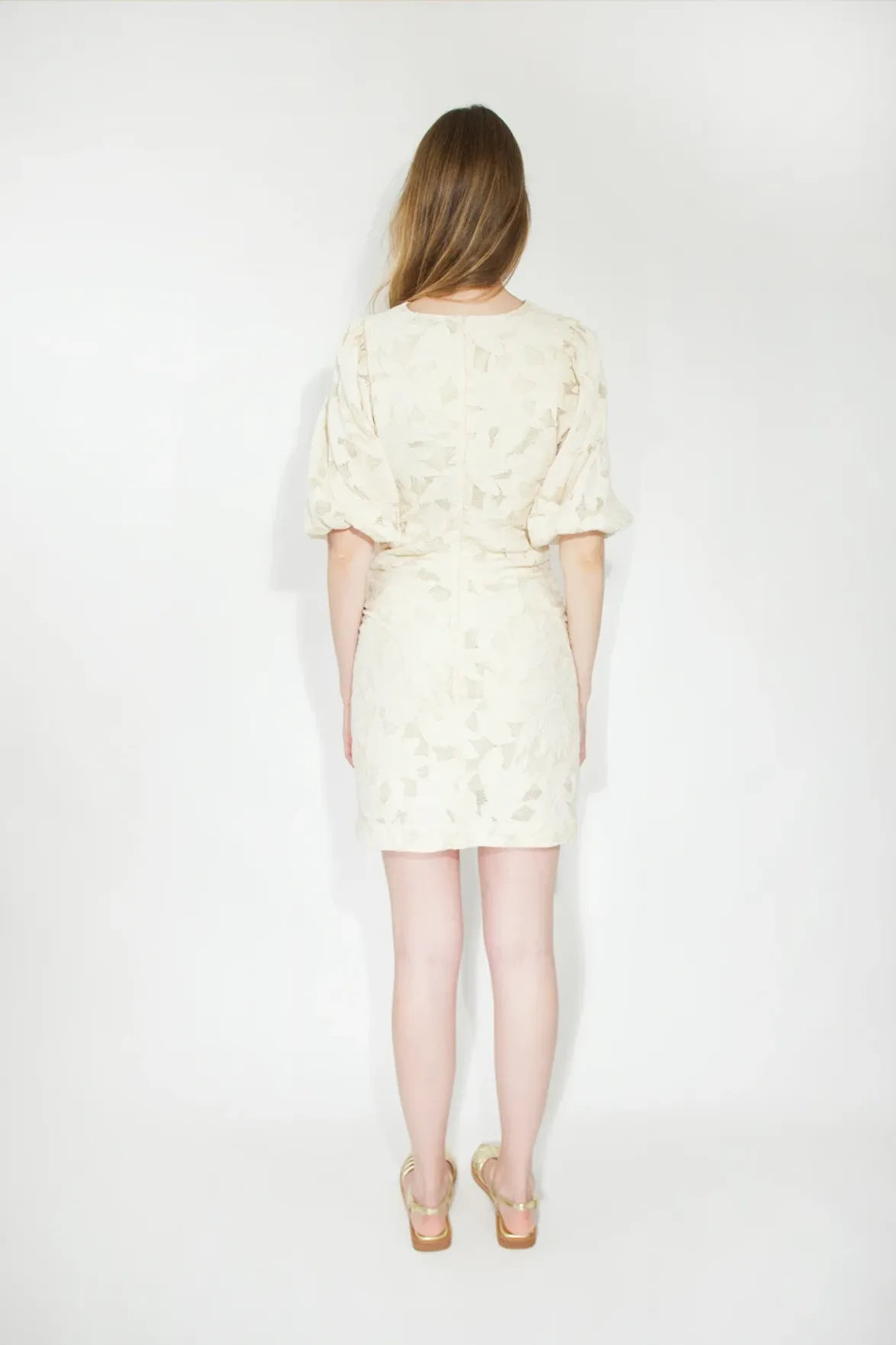 The Tiny Big Sister Guipure Light Cream Short Dress