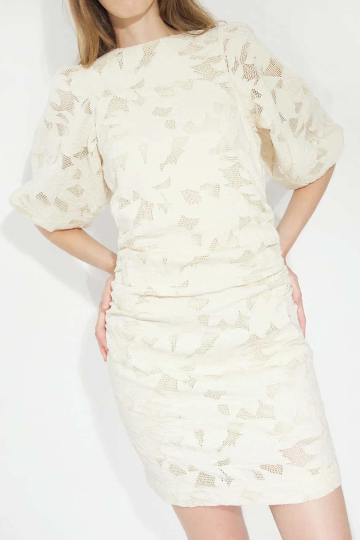 The Tiny Big Sister Guipure Light Cream Short Dress