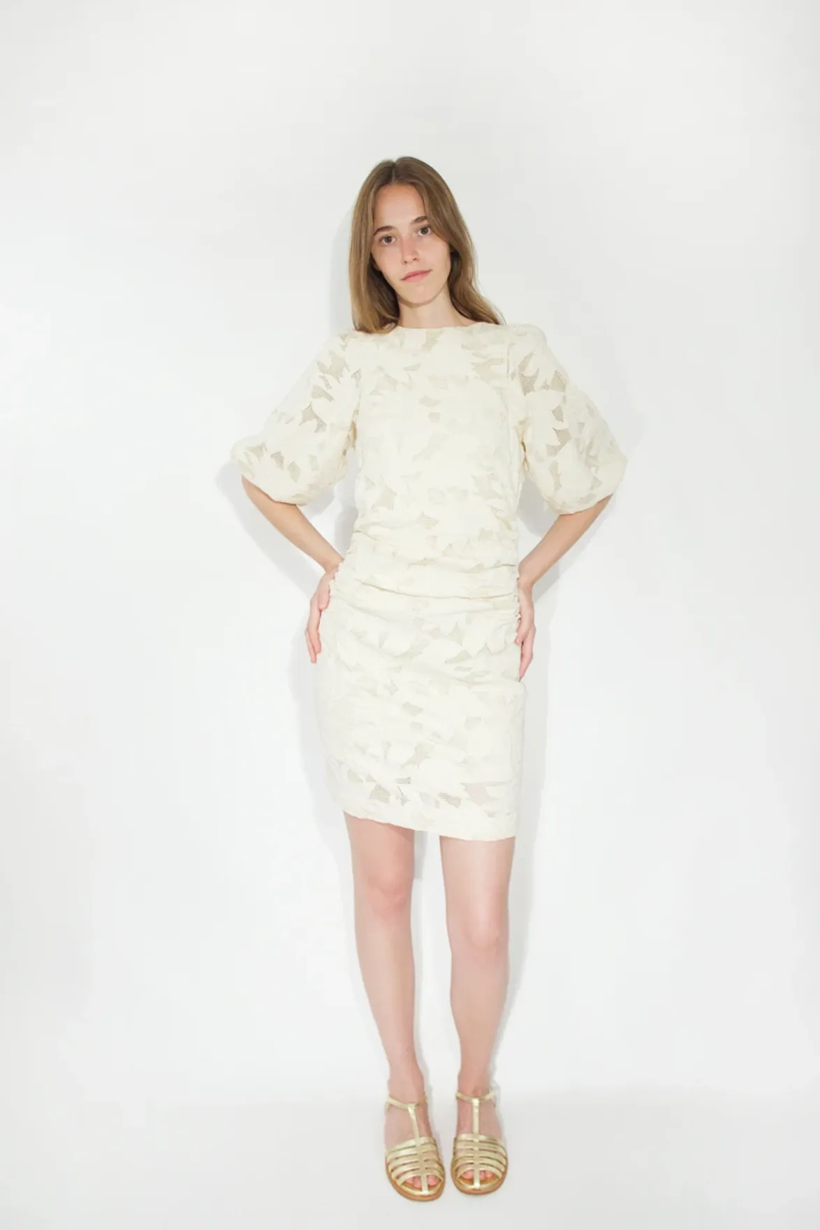 The Tiny Big Sister Guipure Light Cream Short Dress