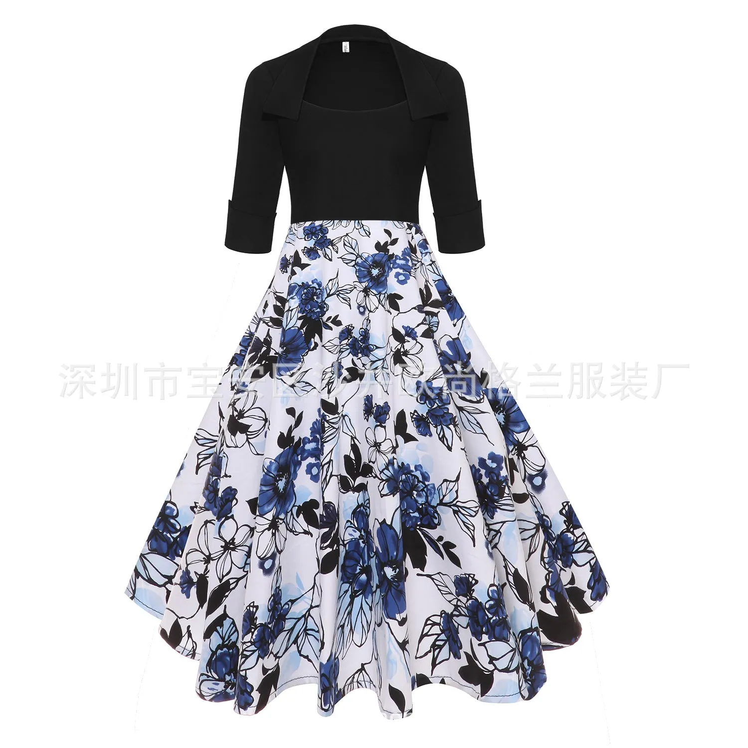 Vintage Printed Pendulum Mid-sleeved Puffy Retro Elegant Dress