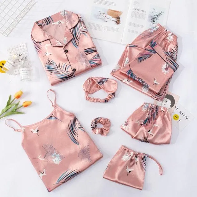 Women Pajamas Sets  7 Pieces Pink Faux Silk Striped Pajama Women Sleepwear Sets Housewear