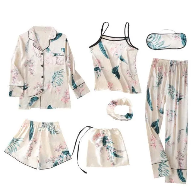 Women Pajamas Sets  7 Pieces Pink Faux Silk Striped Pajama Women Sleepwear Sets Housewear