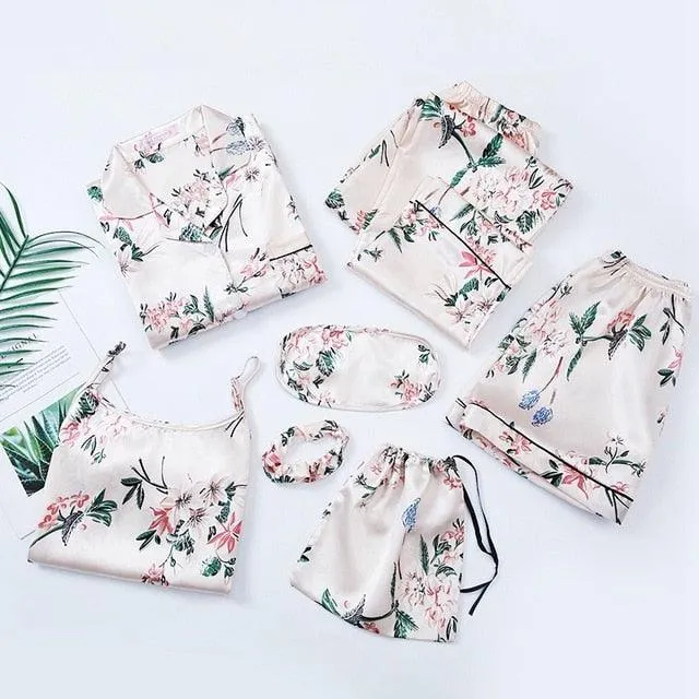 Women Pajamas Sets  7 Pieces Pink Faux Silk Striped Pajama Women Sleepwear Sets Housewear