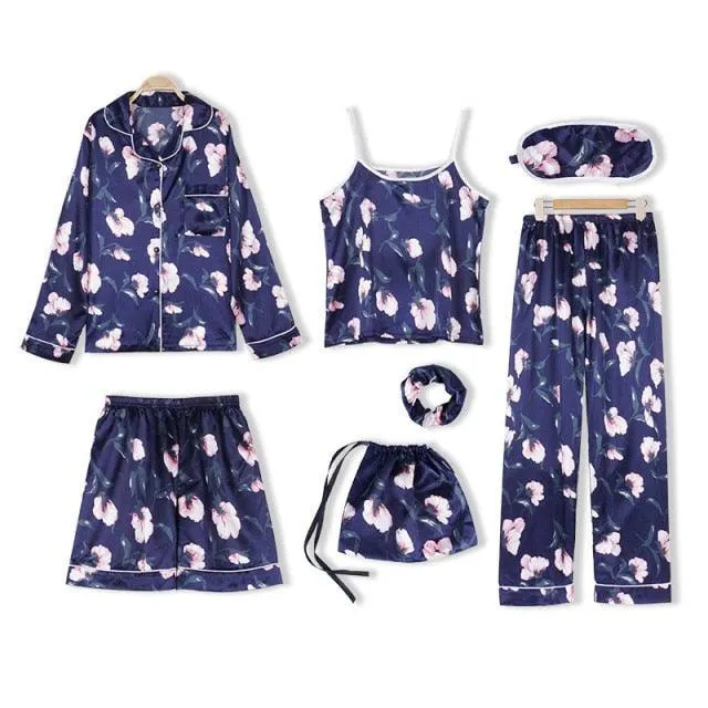 Women Pajamas Sets  7 Pieces Pink Faux Silk Striped Pajama Women Sleepwear Sets Housewear