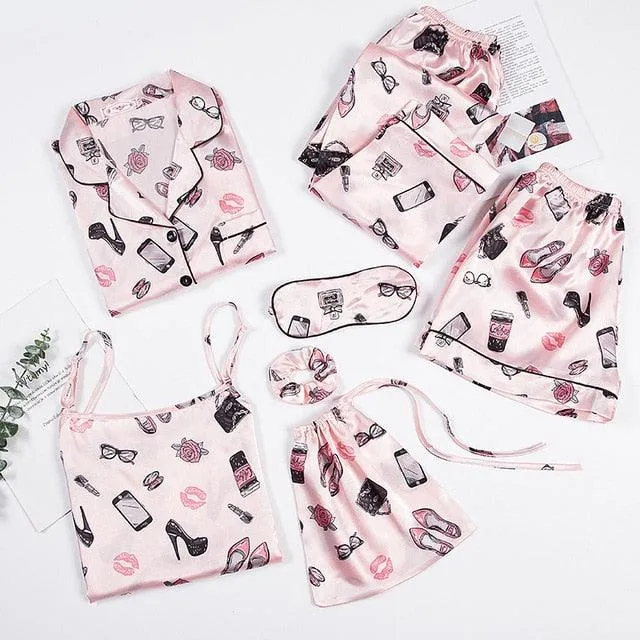 Women Pajamas Sets  7 Pieces Pink Faux Silk Striped Pajama Women Sleepwear Sets Housewear