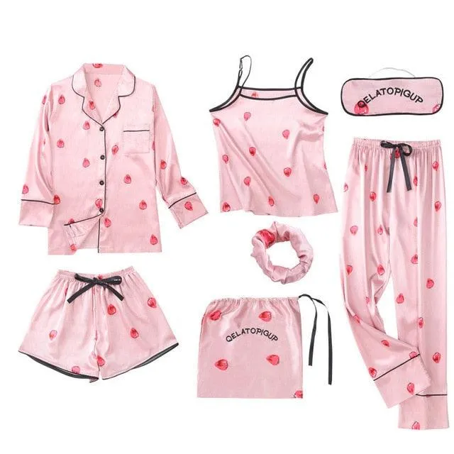 Women Pajamas Sets  7 Pieces Pink Faux Silk Striped Pajama Women Sleepwear Sets Housewear