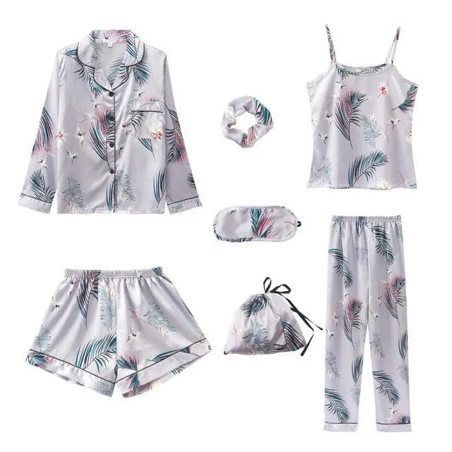 Women Pajamas Sets  7 Pieces Pink Faux Silk Striped Pajama Women Sleepwear Sets Housewear