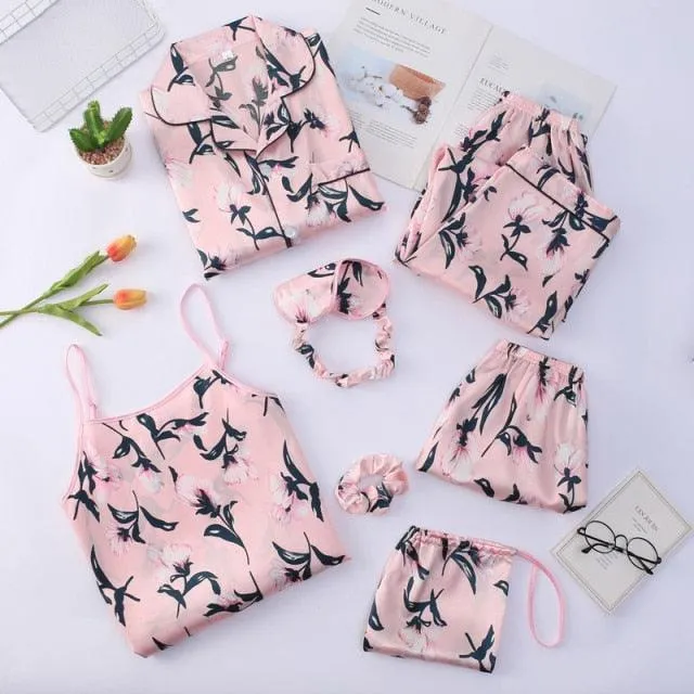 Women Pajamas Sets  7 Pieces Pink Faux Silk Striped Pajama Women Sleepwear Sets Housewear