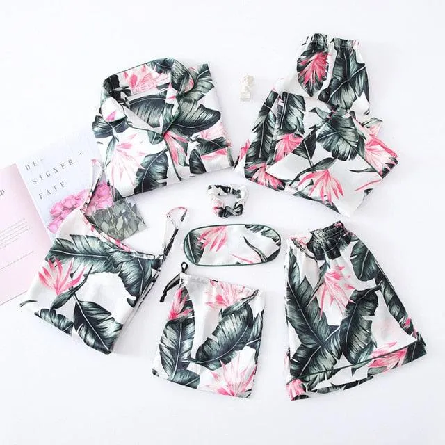 Women Pajamas Sets  7 Pieces Pink Faux Silk Striped Pajama Women Sleepwear Sets Housewear