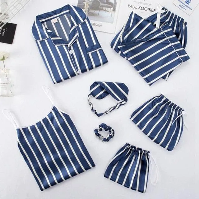 Women Pajamas Sets  7 Pieces Pink Faux Silk Striped Pajama Women Sleepwear Sets Housewear