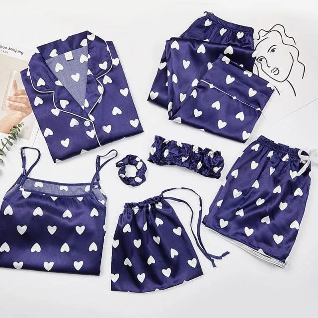 Women Pajamas Sets  7 Pieces Pink Faux Silk Striped Pajama Women Sleepwear Sets Housewear