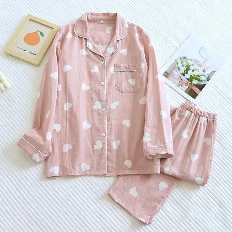 Women's Cotton Double-layer Gauze Love Lapel Pajamas Suit