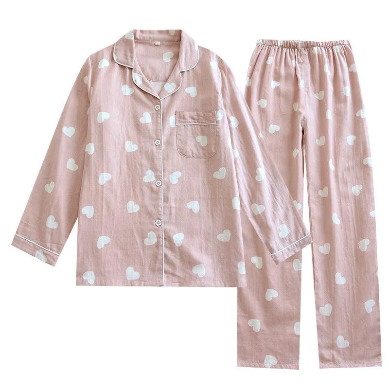 Women's Cotton Double-layer Gauze Love Lapel Pajamas Suit