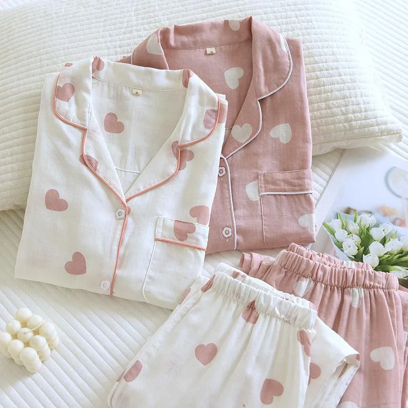 Women's Cotton Double-layer Gauze Love Lapel Pajamas Suit