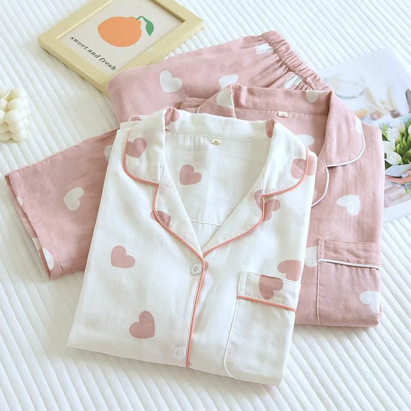 Women's Cotton Double-layer Gauze Love Lapel Pajamas Suit