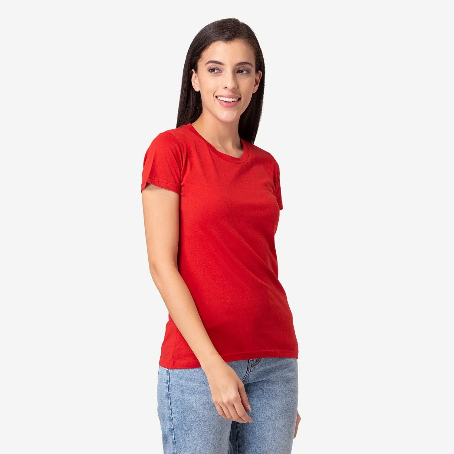Women's Plain Half Sleeve Round-Neck T-Shirt For Summer - Red