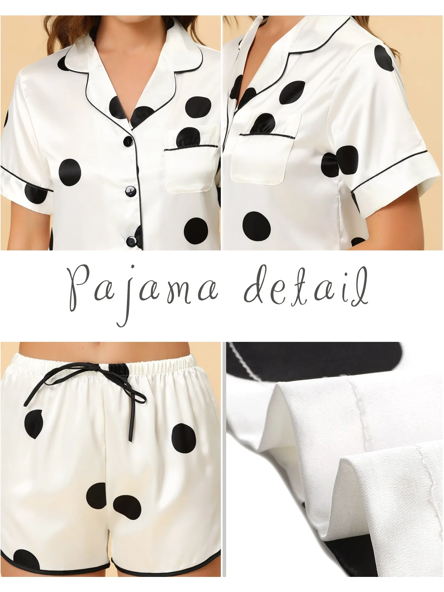 Women's Satin 2pcs Lounge Sleepwear T-Shirt and Shorts Polka Dots Pajama Sets