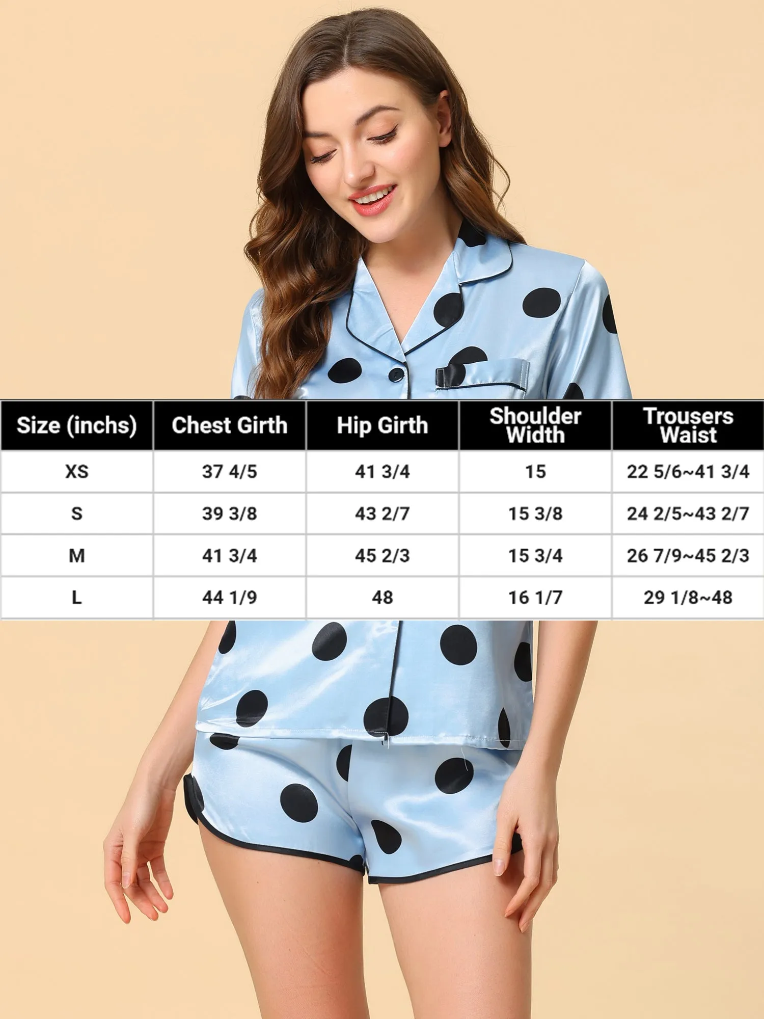 Women's Satin 2pcs Lounge Sleepwear T-Shirt and Shorts Polka Dots Pajama Sets